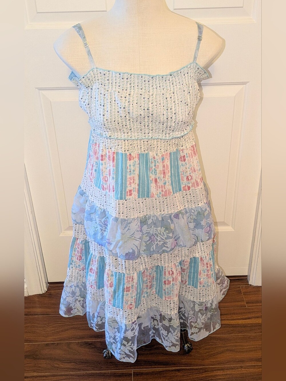"FaR" Y2K Boho Floral Patchwork Tiered Smocked Bodice A Line Sundress ~Lg 🔵&🩷